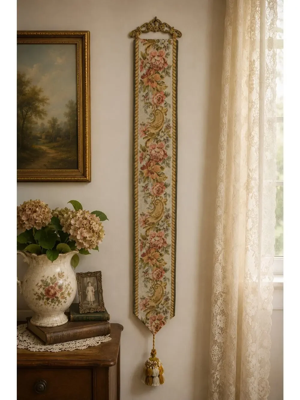 Vintage Italian Floral Tapestry Wall Hanging Bell Pull Tassel 41x5